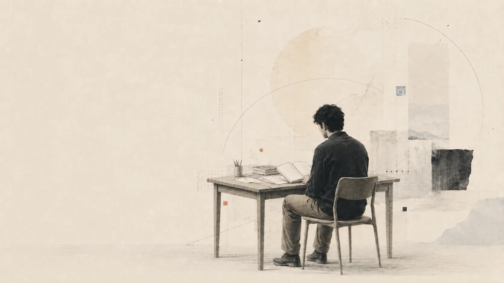 Ink-wash illustration of a man thinking at a desk